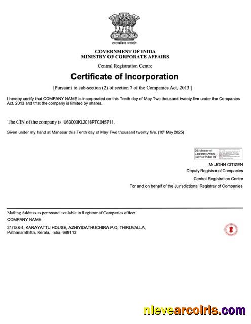 India certificate of incorporation, version 3